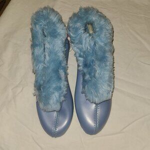 True VTG DEADSTOCK Mid-Century 1950s Grants Blue Faux Fur Trim Slippers SZ 7